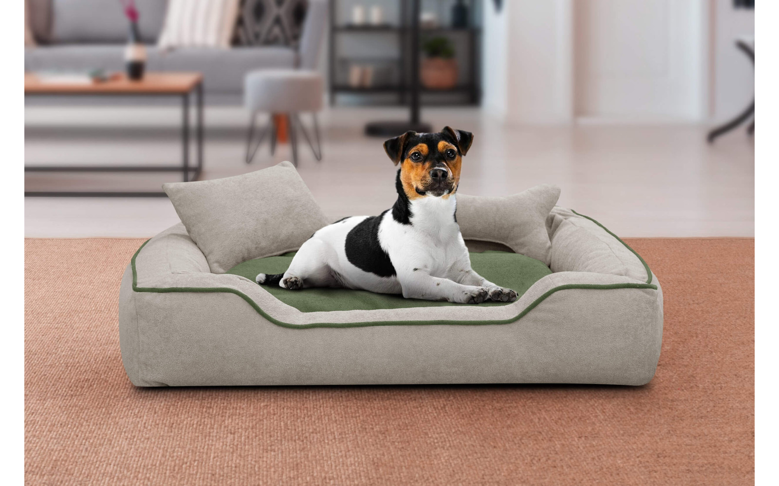 Hundebett / Katzenbett 100 x 80 cm hellbeige + grün BONNIE