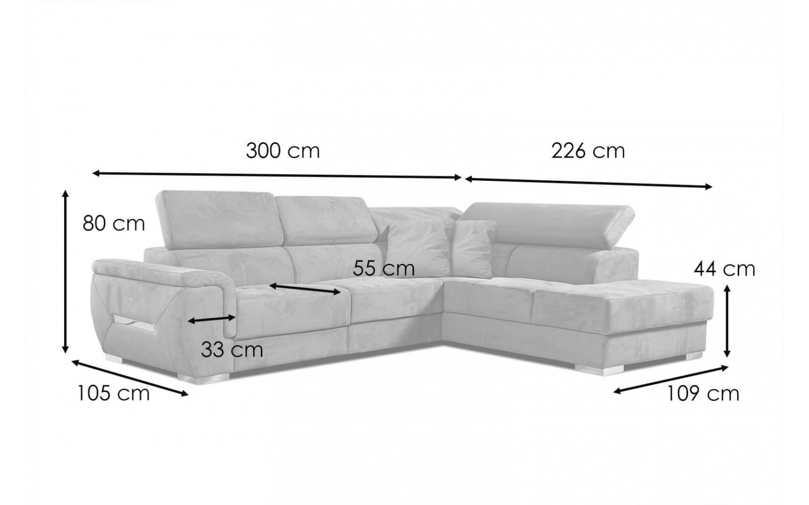 Ecksofa rechts mit verstellbaren Kopfstützen 5-Sitzer KELTE