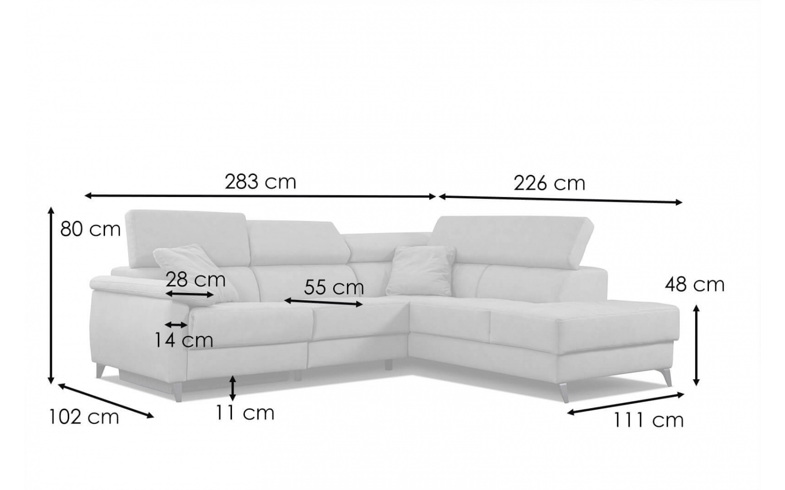 Ecksofa rechts mit verstellbaren Kopfstützen 5-Sitzer TAUNUS