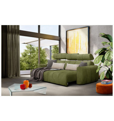 KIMI 3-Sitzer Ecksofa links, ausziehbarer Sitz, verstellbare Kopfstützen, olivgrün