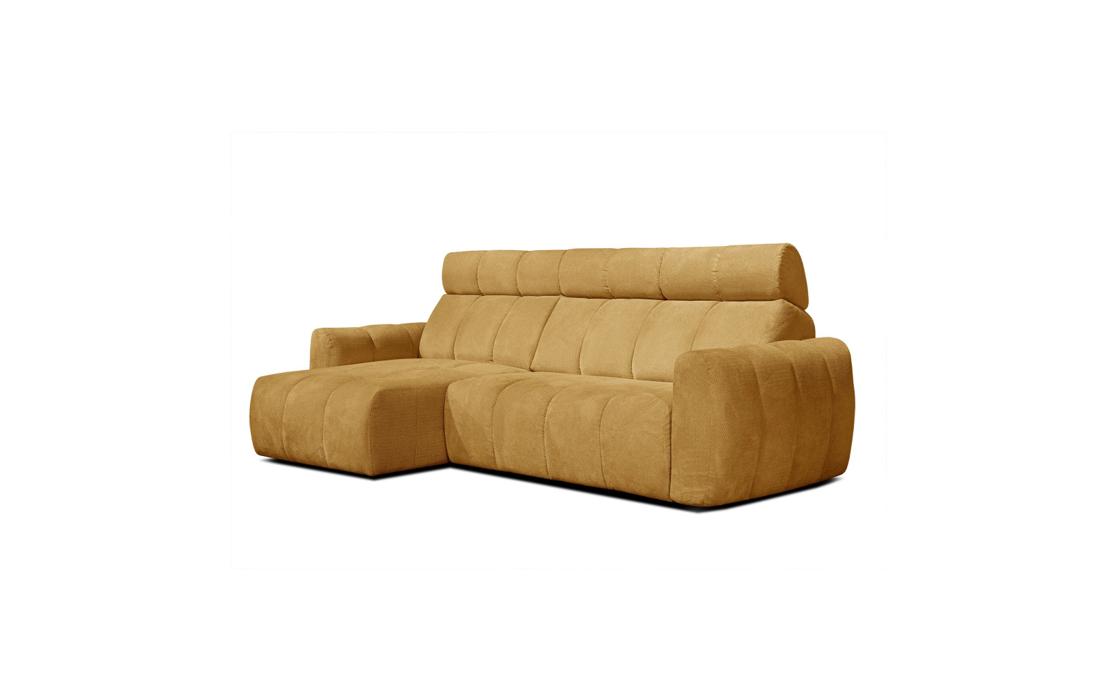 KIMI 3-Sitzer Ecksofa links, ausziehbarer Sitz, verstellbare Kopfstützen, gelb senf