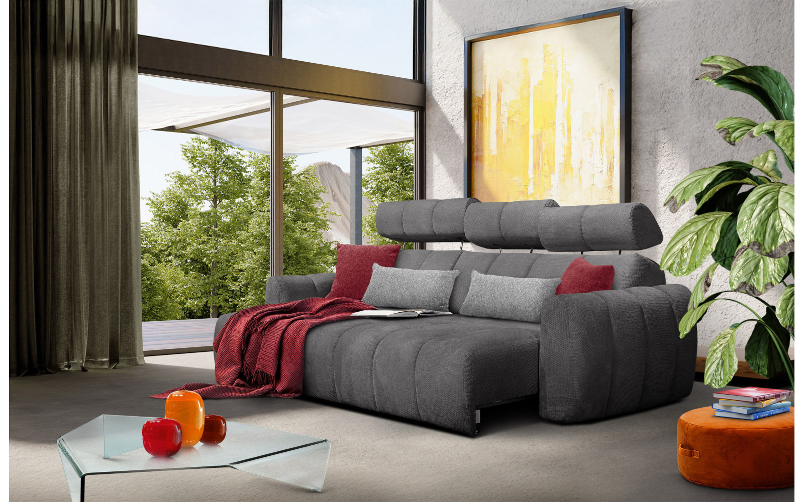 KIMI 3-Sitzer Ecksofa links, ausziehbarer Sitz, verstellbare Kopfstützen, dunkelgrau