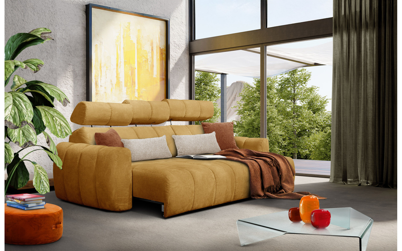 KIMI 3-Sitzer Ecksofa rechts, ausziehbarer Sitz, verstellbare Kopfstützen, gelber Senf