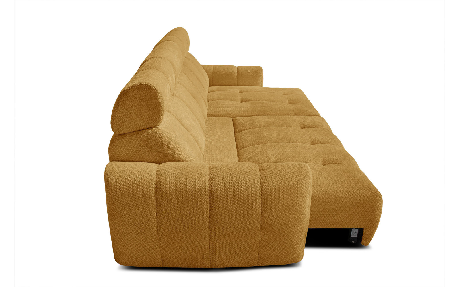 KIMI 3-Sitzer Ecksofa rechts, ausziehbarer Sitz, verstellbare Kopfstützen, gelber Senf