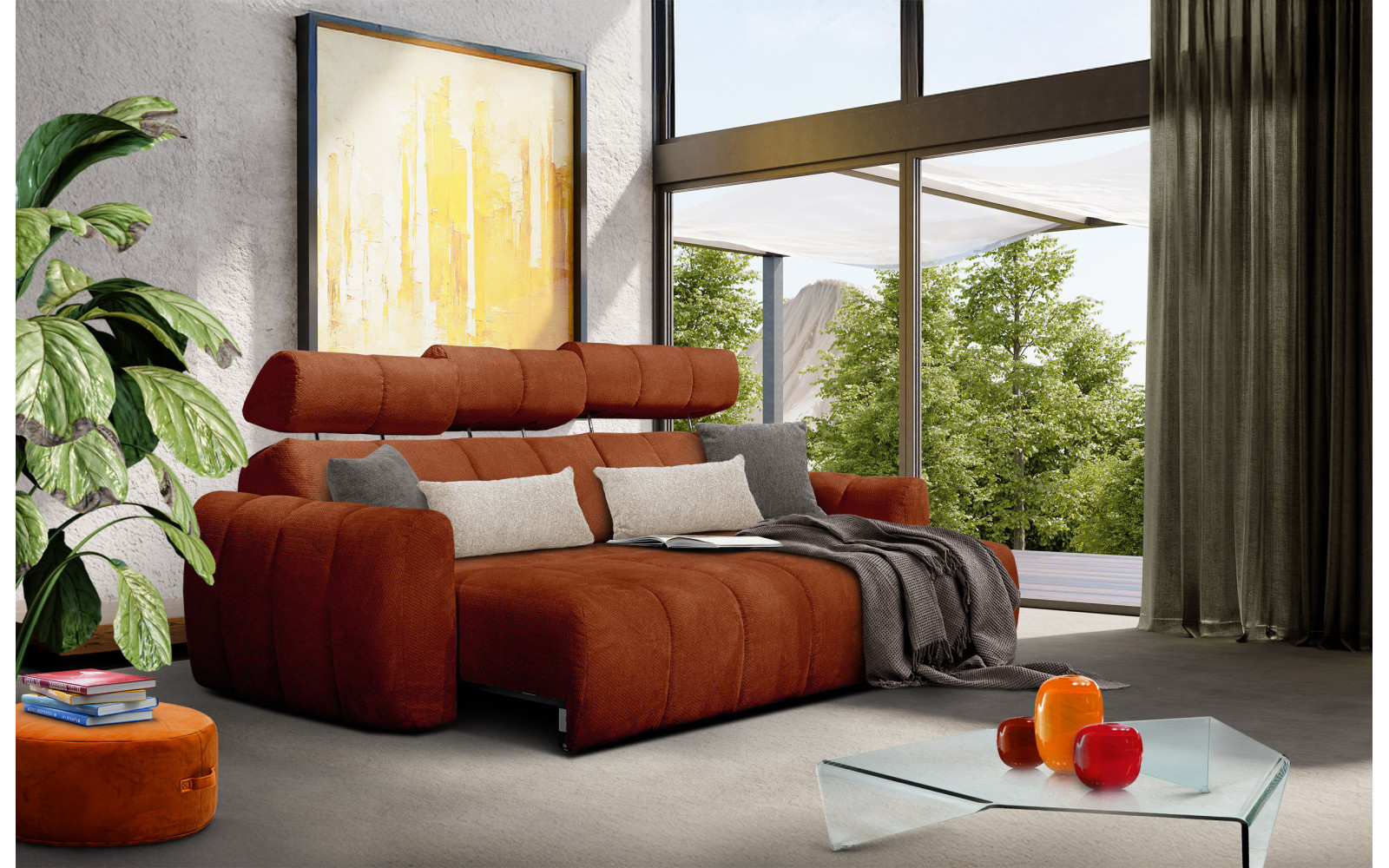 KIMI 3-Sitzer Ecksofa rechts, ausziehbarer Sitz, verstellbare Kopfstützen, rot