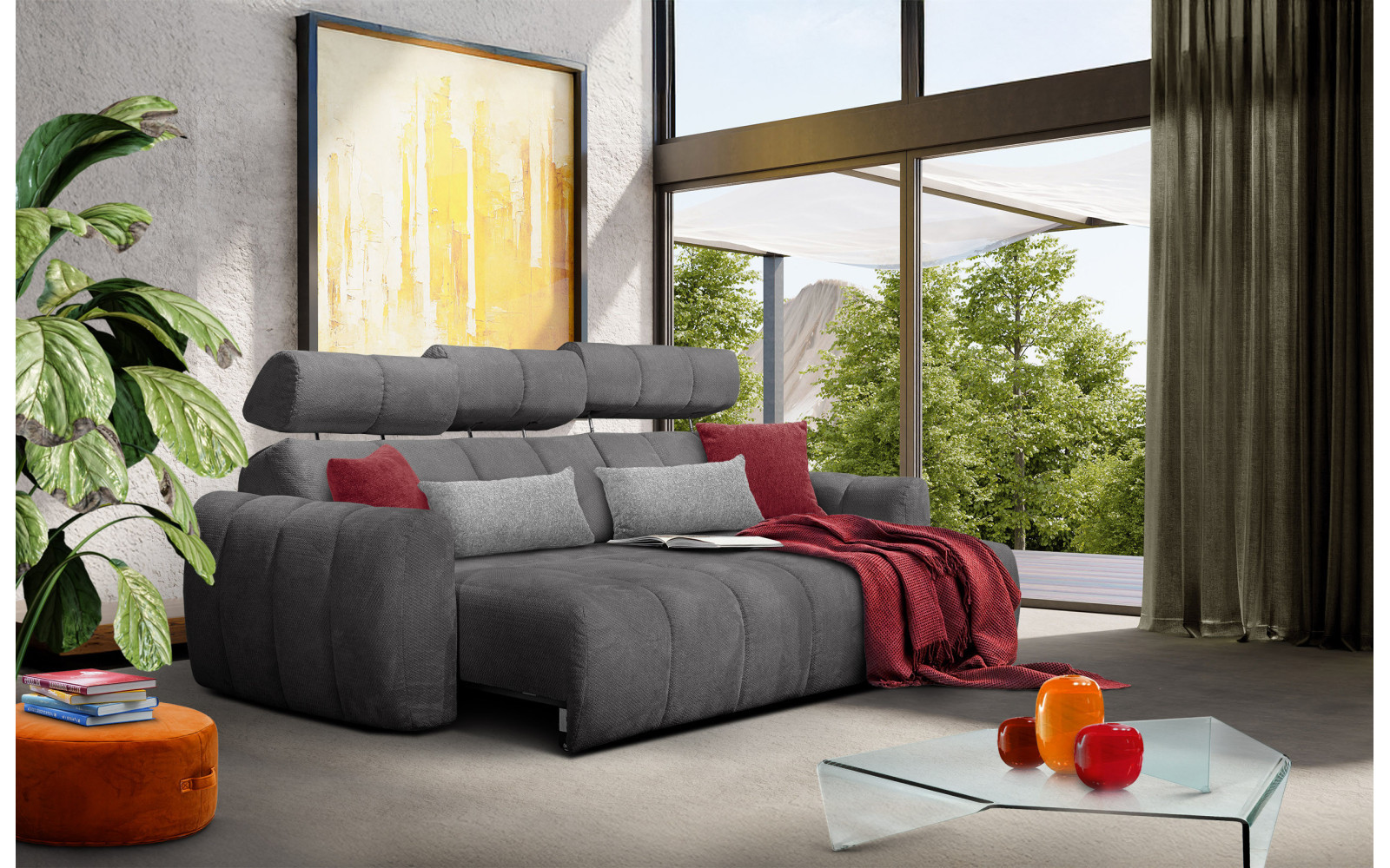 KIMI 3-Sitzer Ecksofa rechts, ausziehbarer Sitz, verstellbare Kopfstützen, dunkelgrau