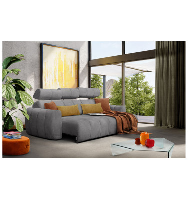 KIMI 3-Sitzer Ecksofa rechts, ausziehbarer Sitz, verstellbare Kopfstützen, grau