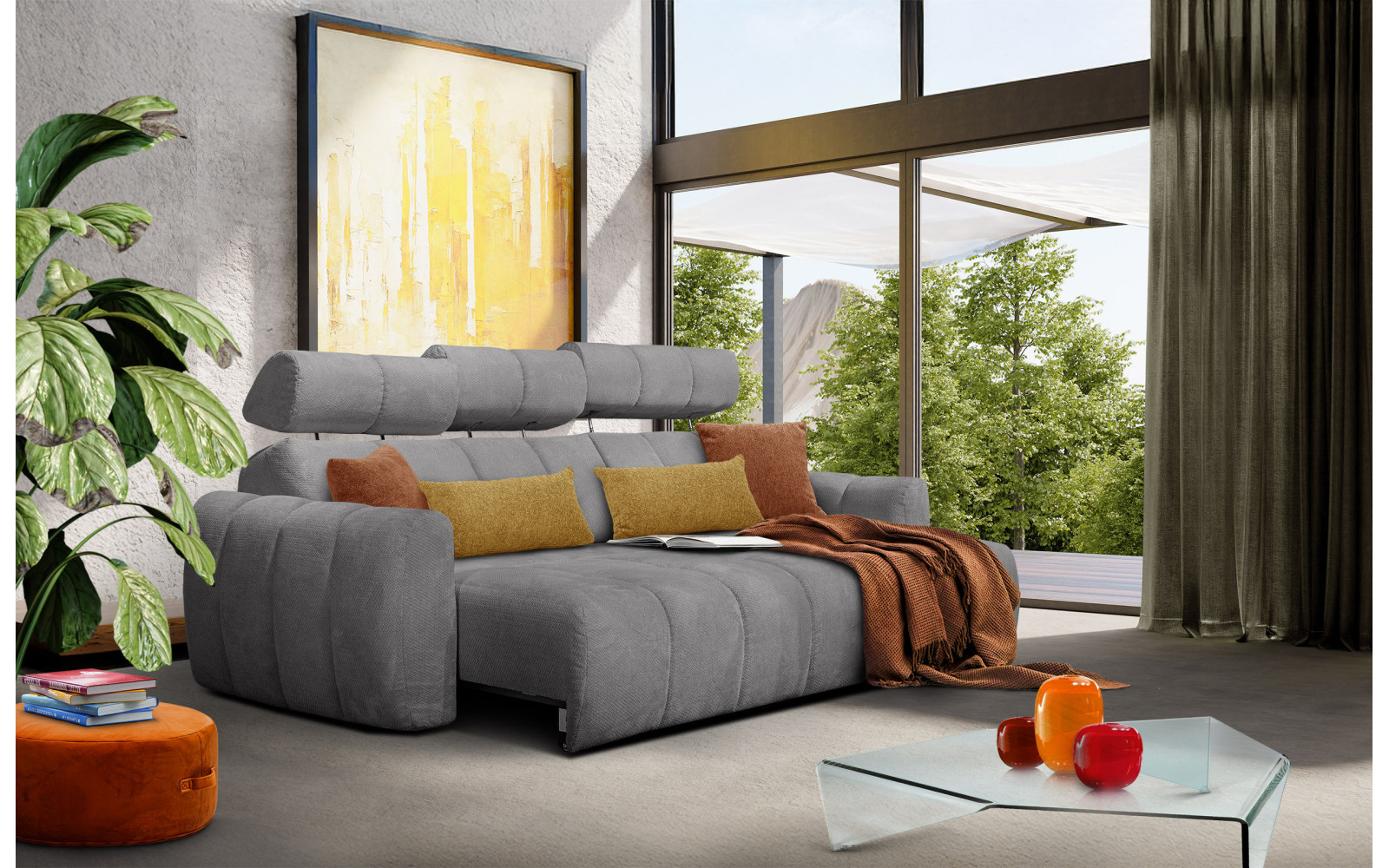 KIMI 3-Sitzer Ecksofa rechts, ausziehbarer Sitz, verstellbare Kopfstützen, grau