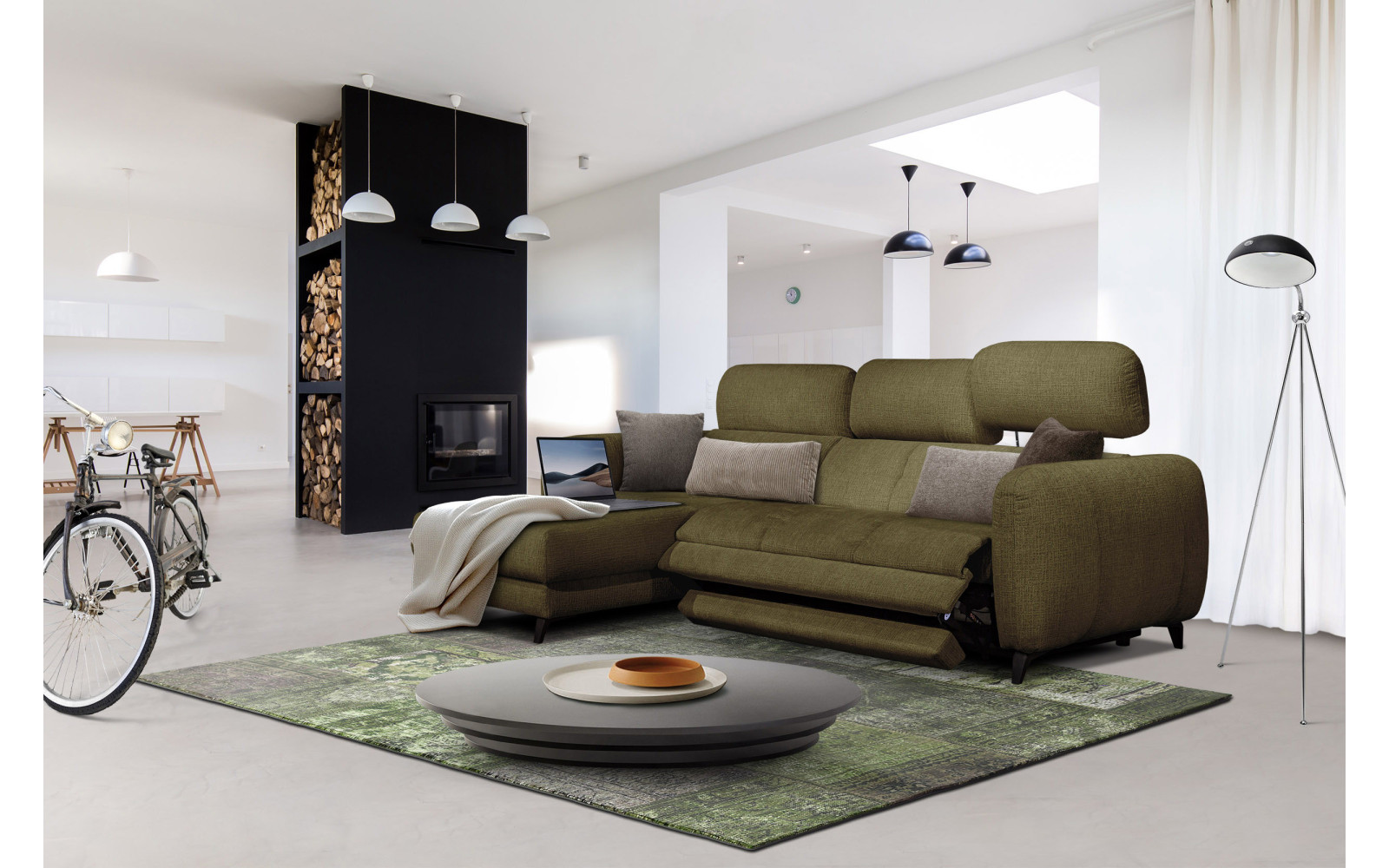 SVEN 3-Sitzer Ecksofa links, 1 relax XL, verstellbare Kopfstützen, olivgrün