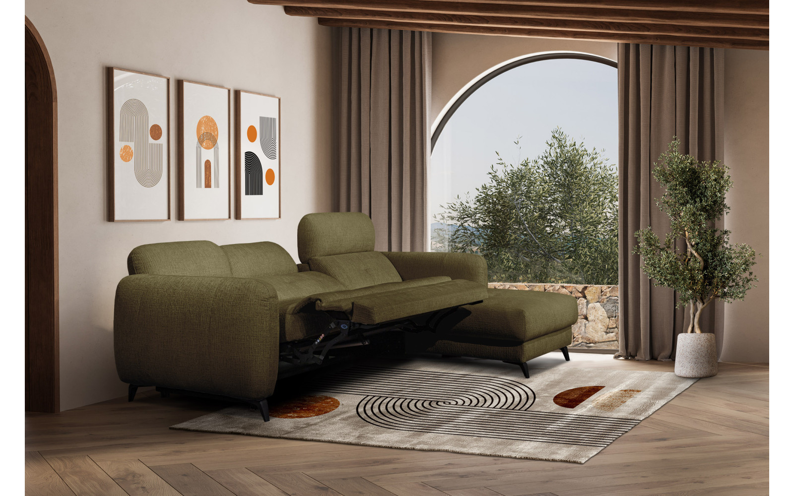 SVEN Ecksofa 3-Sitzer rechts, 1 relax XL, verstellbare Kopfstützen, olivgrün