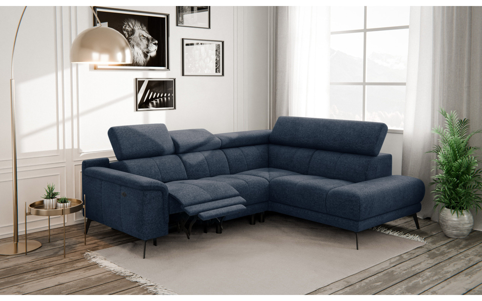 FIERO Ecksofa 4-Sitzer mit 1 Relaxfunktion und verstellbare Kopfstützen, marineblau