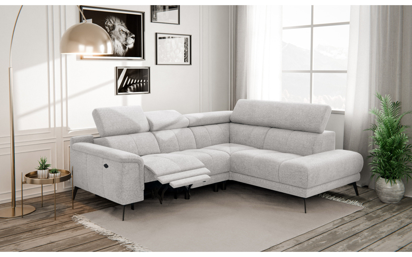 FIERO Ecksofa 4-Sitzer mit 1 Relaxfunktion und verstellbare Kopfstützen, creme
