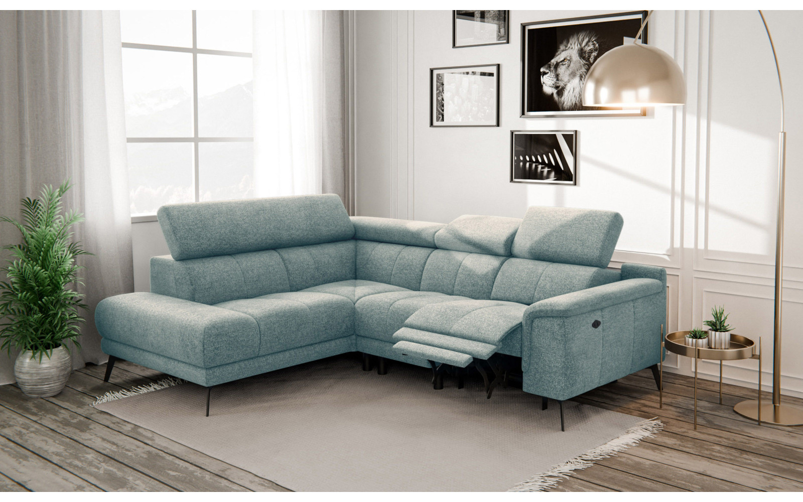 FIERO Ecksofa 4-Sitzer mit 1 Relaxfunktion und verstellbare Kopfstützen, mint