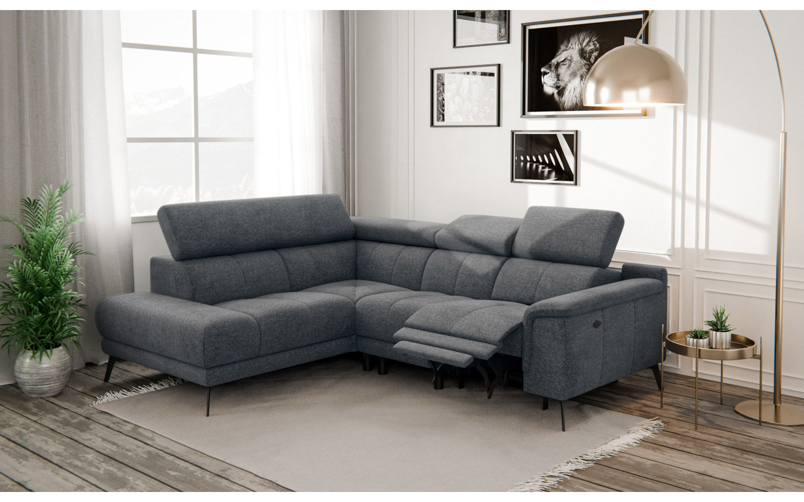 FIERO Ecksofa 4-Sitzer mit 1 Relaxfunktion und verstellbare Kopfstützen, dunkelgrau