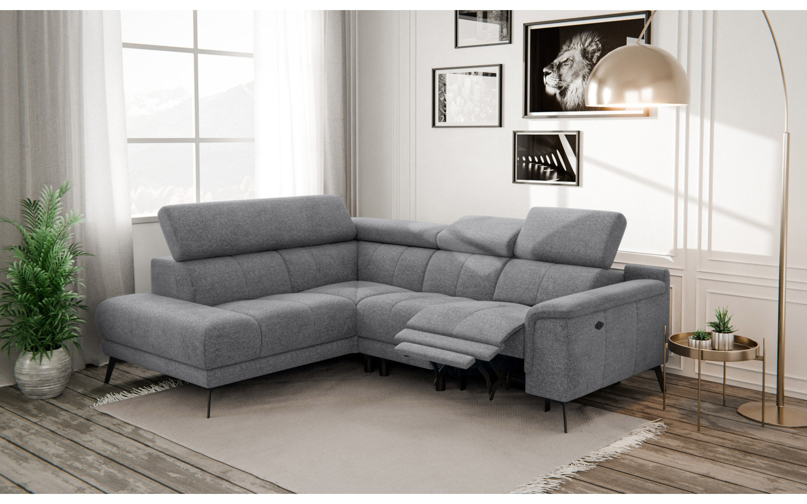 FIERO Ecksofa 4-Sitzer mit 1 Relaxfunktion und verstellbare Kopfstützen, grau