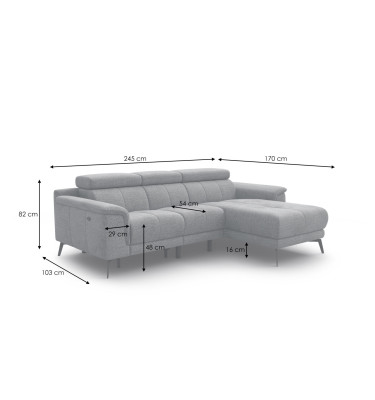 FIERO Ecksofa 3-Sitzer mit 1 Relaxfunktion und verstellbare Kopfstützen, silbergrau