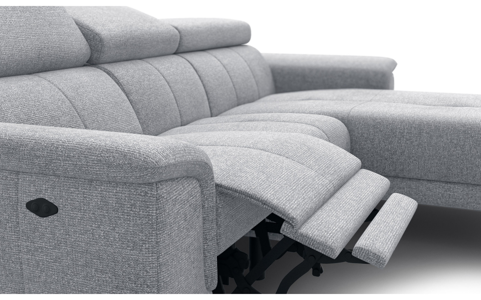 FIERO Ecksofa 3-Sitzer mit 1 Relaxfunktion und verstellbare Kopfstützen, silbergrau