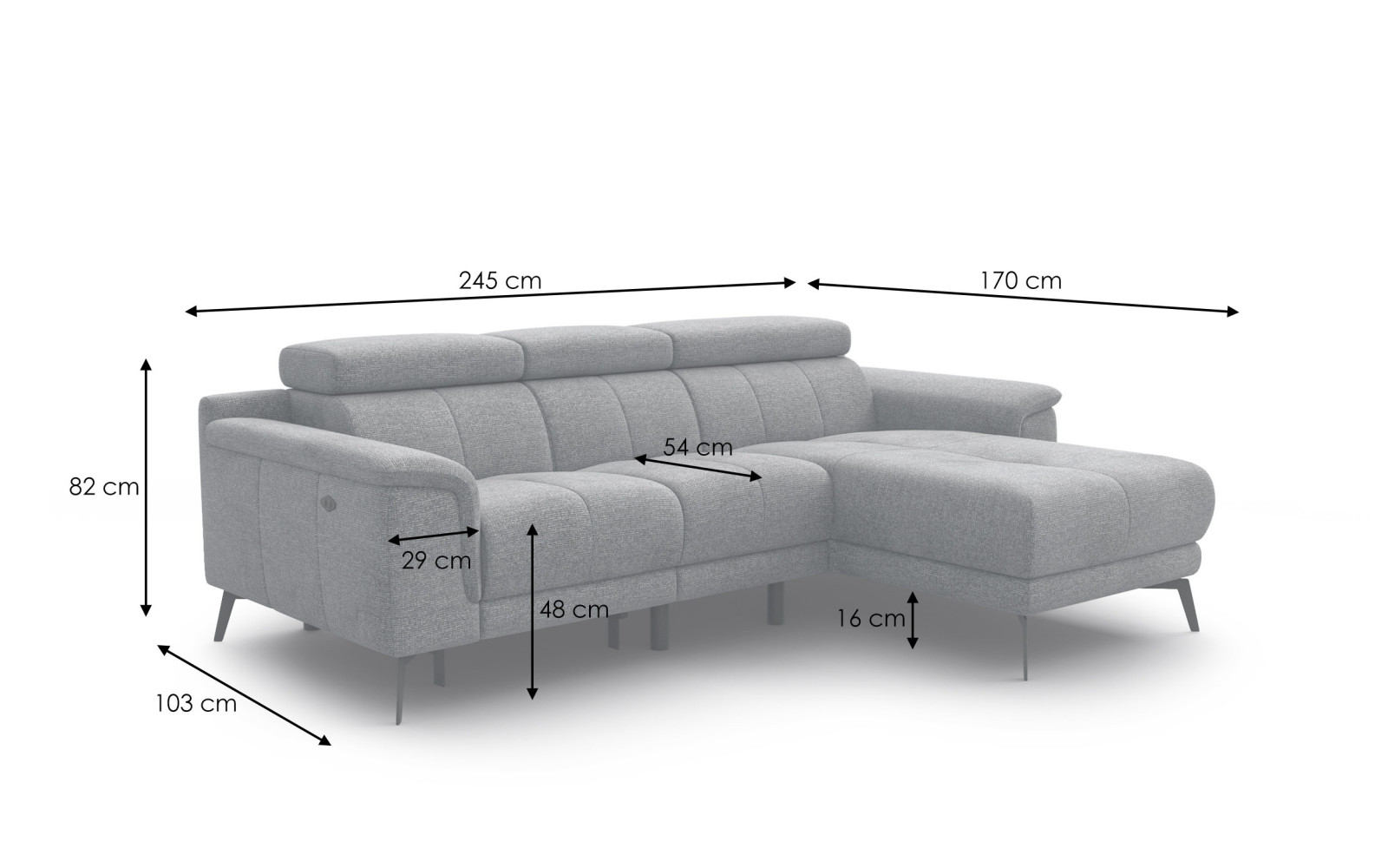 FIERO Ecksofa 3-Sitzer mit 1 Relaxfunktion und verstellbare Kopfstützen, dunkelgrau