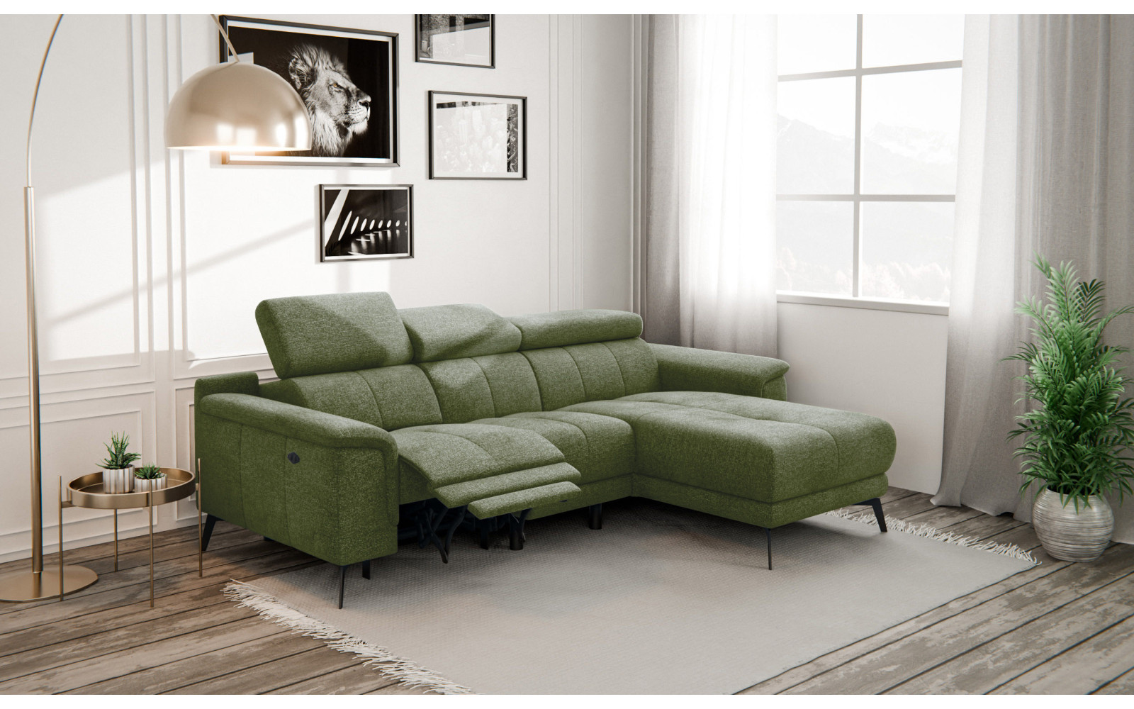 FIERO Ecksofa 3-Sitzer mit 1 Relaxfunktion und verstellbare Kopfstützen, olive