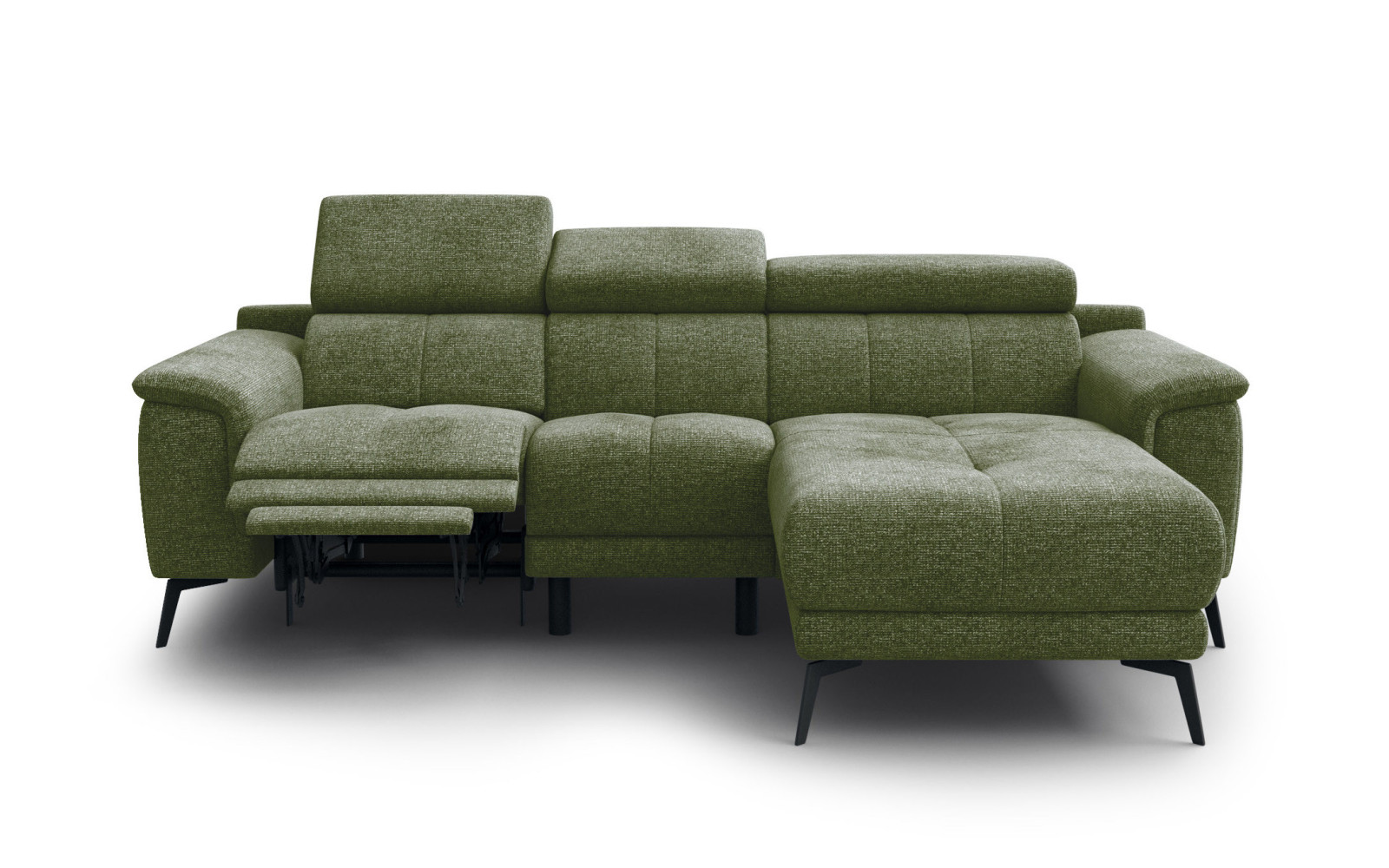 FIERO Ecksofa 3-Sitzer mit 1 Relaxfunktion und verstellbare Kopfstützen, olive