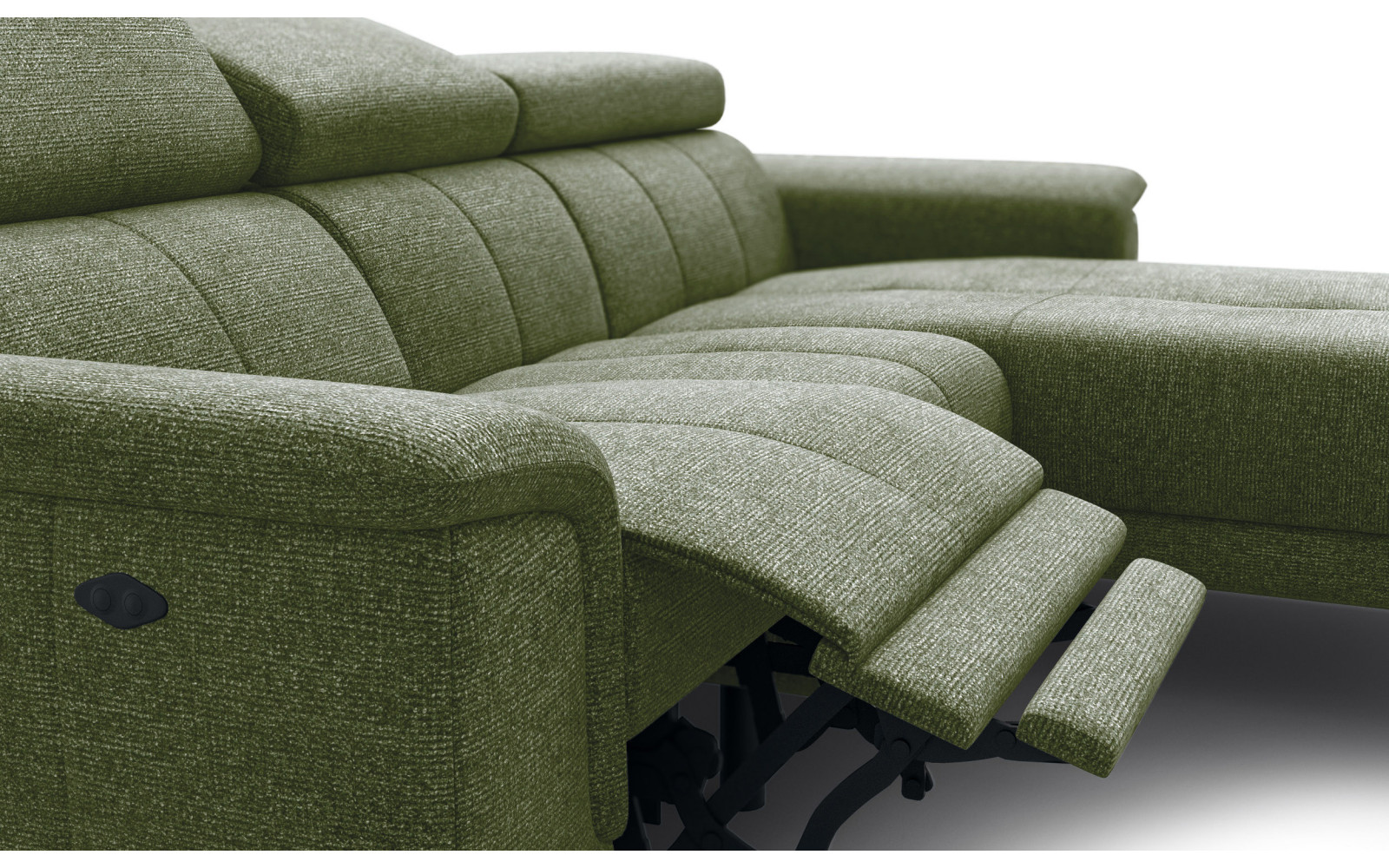 FIERO Ecksofa 3-Sitzer mit 1 Relaxfunktion und verstellbare Kopfstützen, olive
