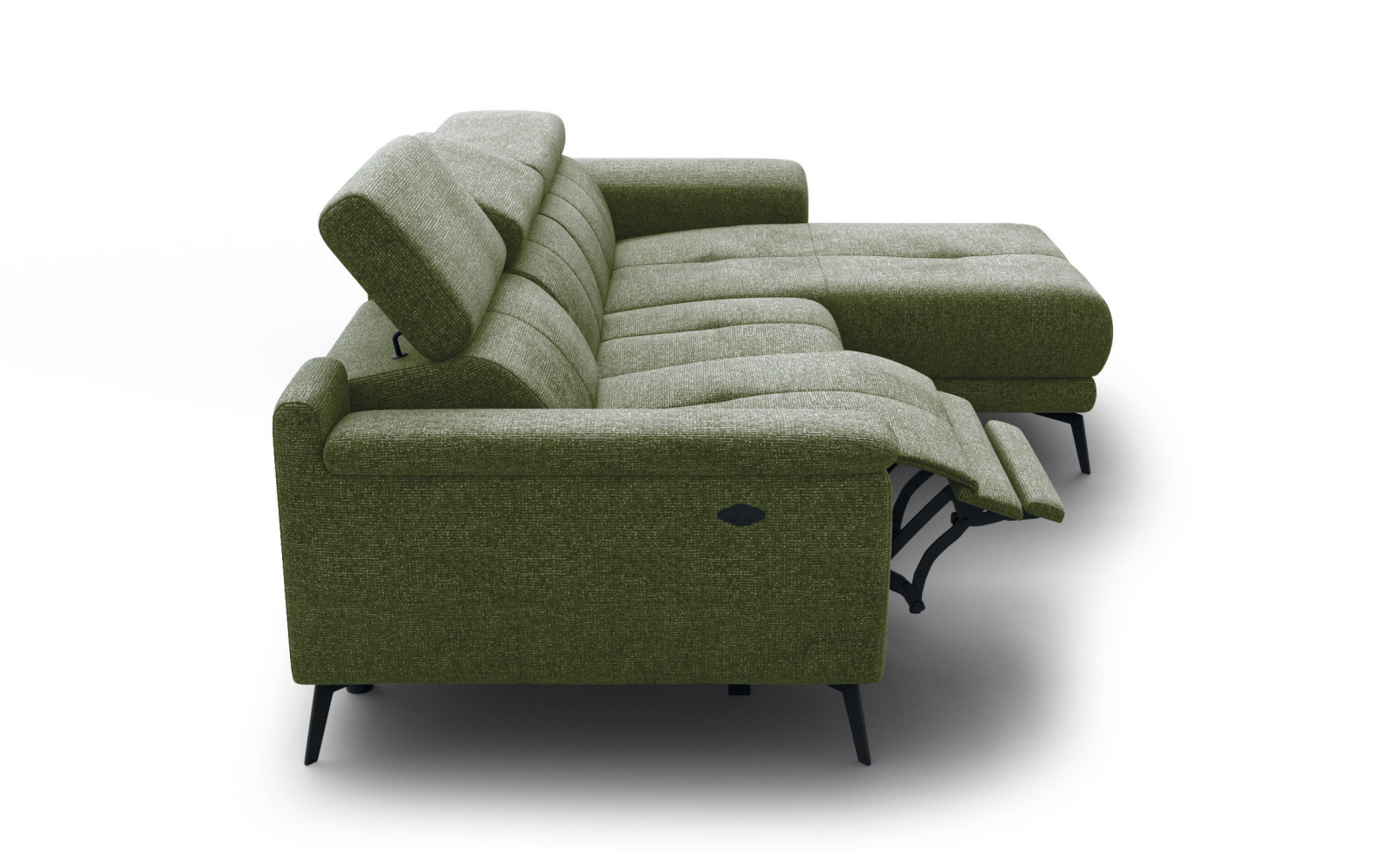 FIERO Ecksofa 3-Sitzer mit 1 Relaxfunktion und verstellbare Kopfstützen, olive
