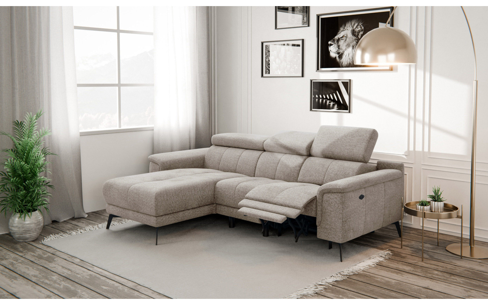 FIERO Ecksofa 3-Sitzer mit 1 Relaxfunktion und verstellbare Kopfstützen, taupe