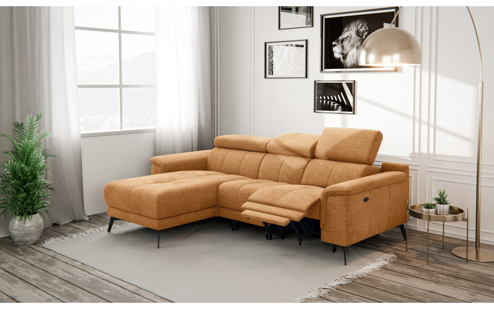 FIERO Ecksofa 3-Sitzer mit 1 Relaxfunktion und verstellbare Kopfstützen, orange