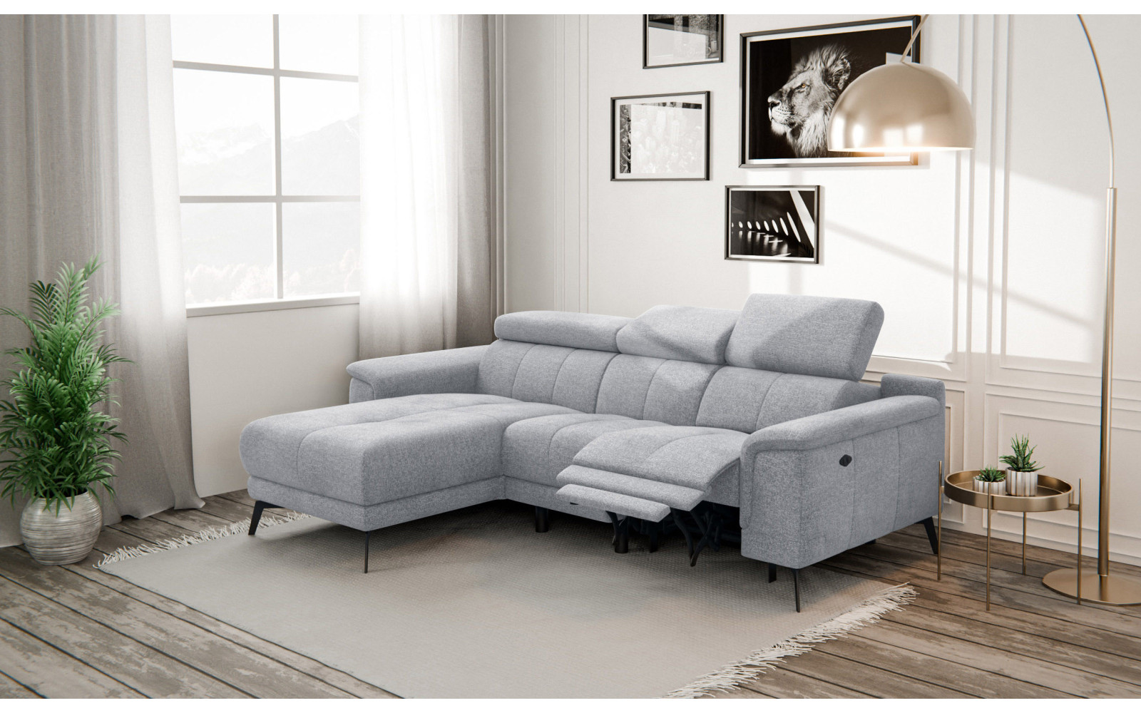 FIERO Ecksofa 3-Sitzer mit 1 Relaxfunktion und verstellbare Kopfstützen, silbergrau