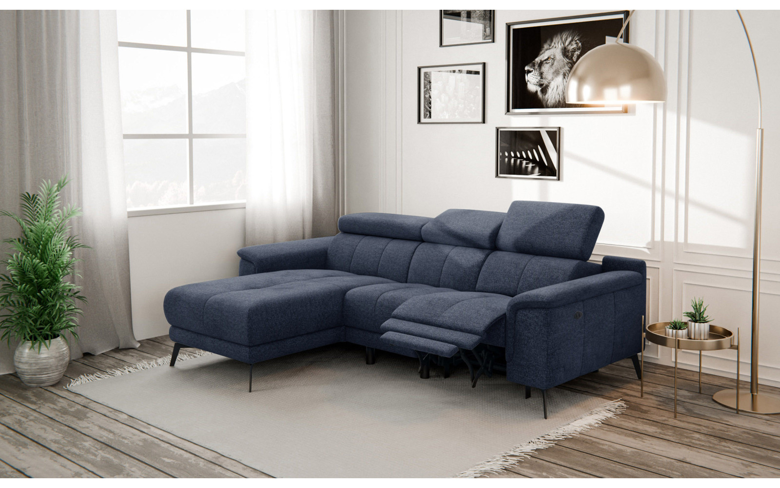 FIERO Ecksofa 3-Sitzer mit 1 Relaxfunktion und verstellbare Kopfstützen, marineblau