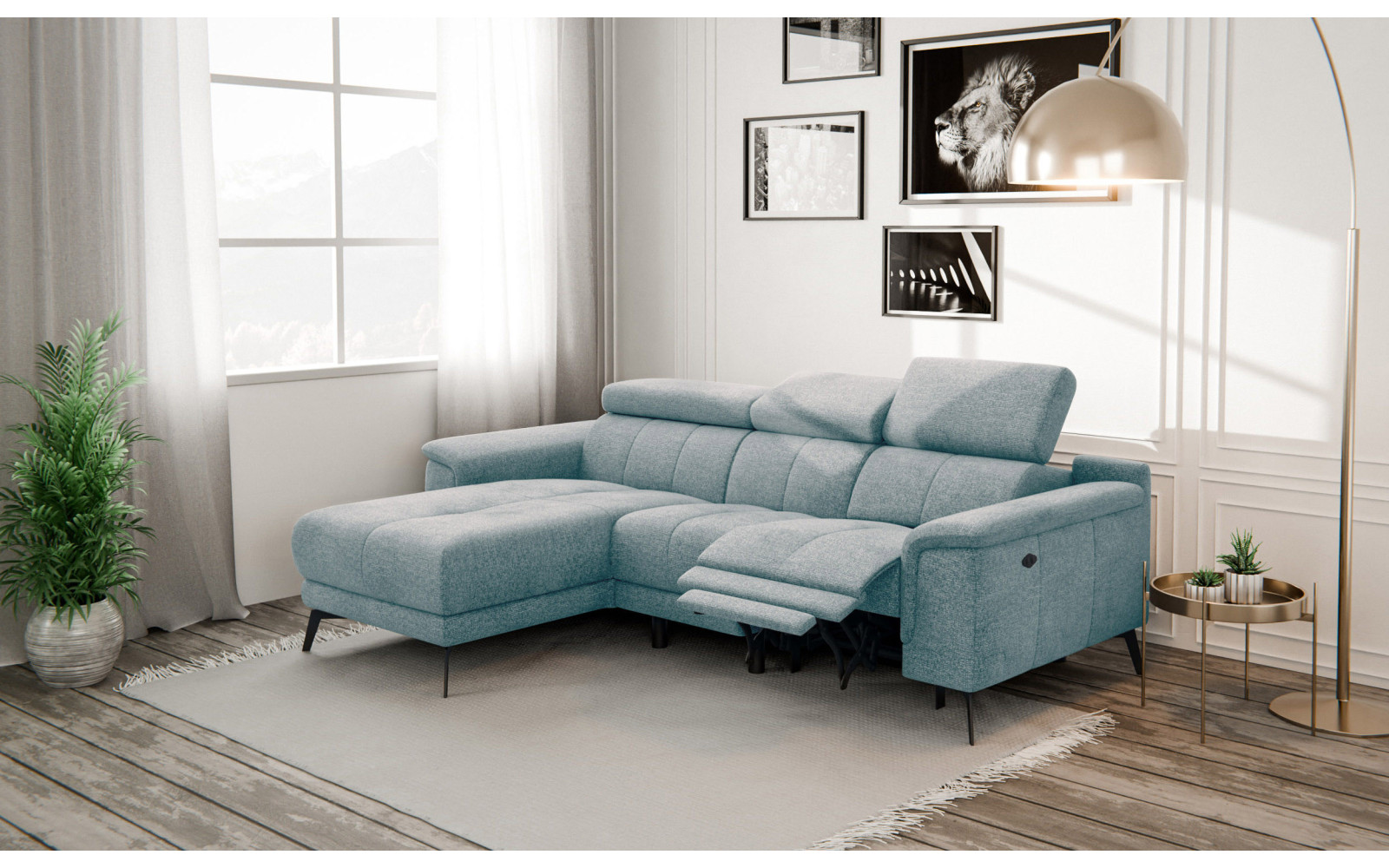 FIERO Ecksofa 3-Sitzer mit 1 Relaxfunktion und verstellbare Kopfstützen, mint