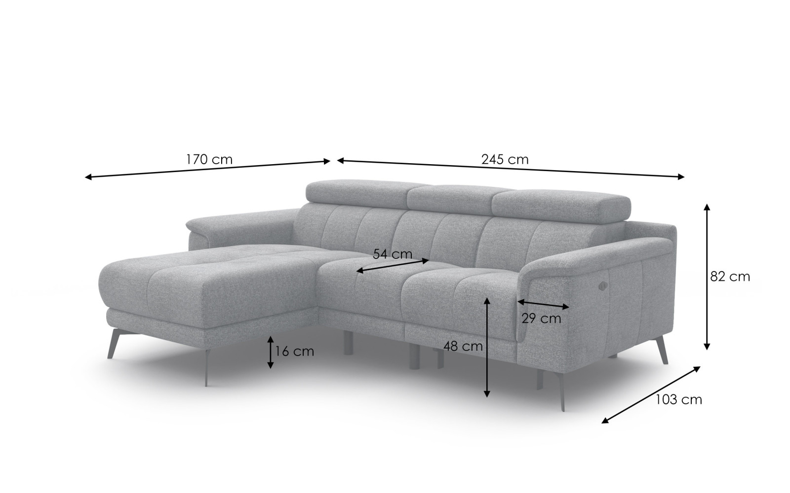 FIERO Ecksofa 3-Sitzer mit 1 Relaxfunktion und verstellbare Kopfstützen, creme