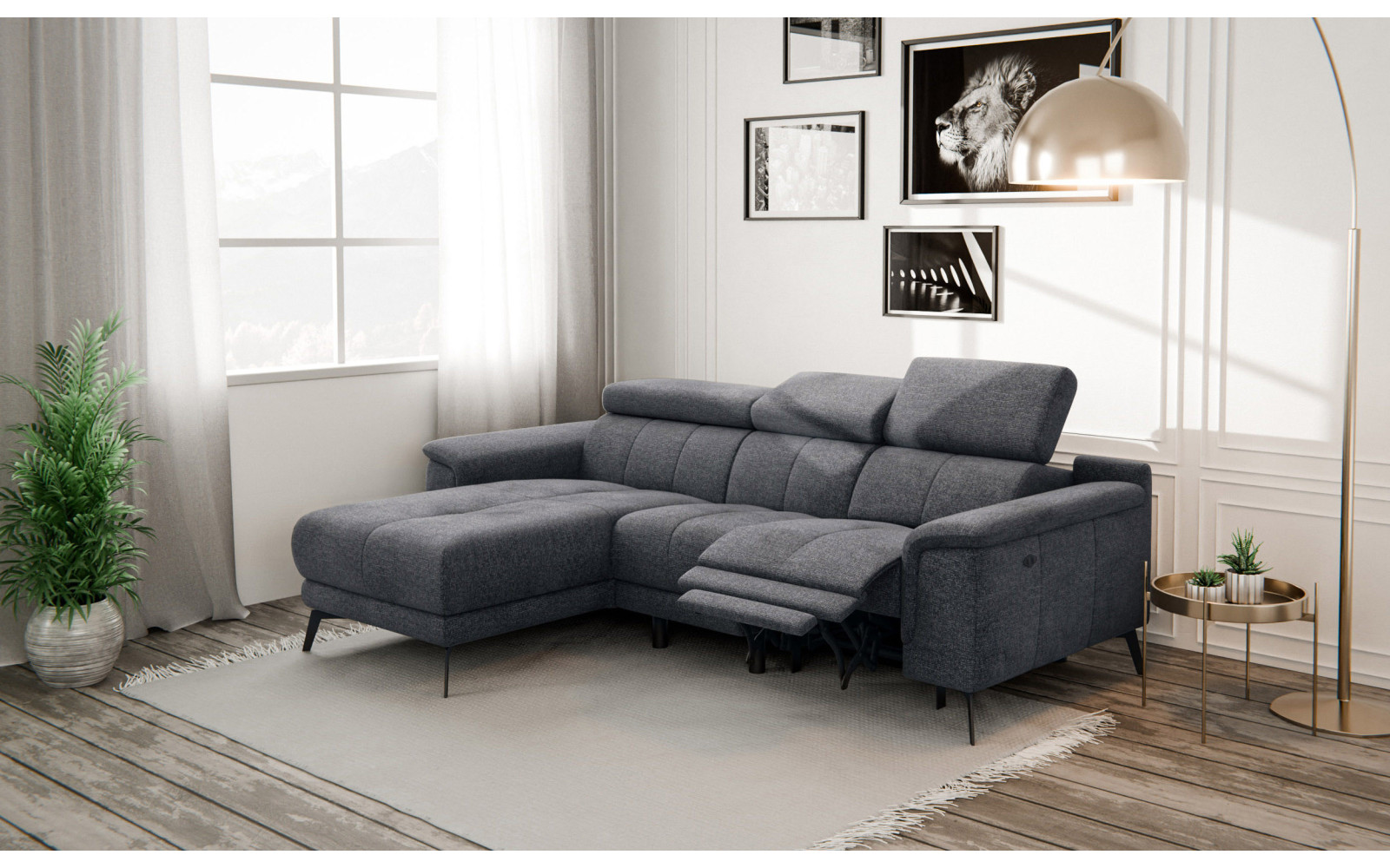 FIERO Ecksofa 3-Sitzer mit 1 Relaxfunktion und verstellbare Kopfstützen, dunkelgrau