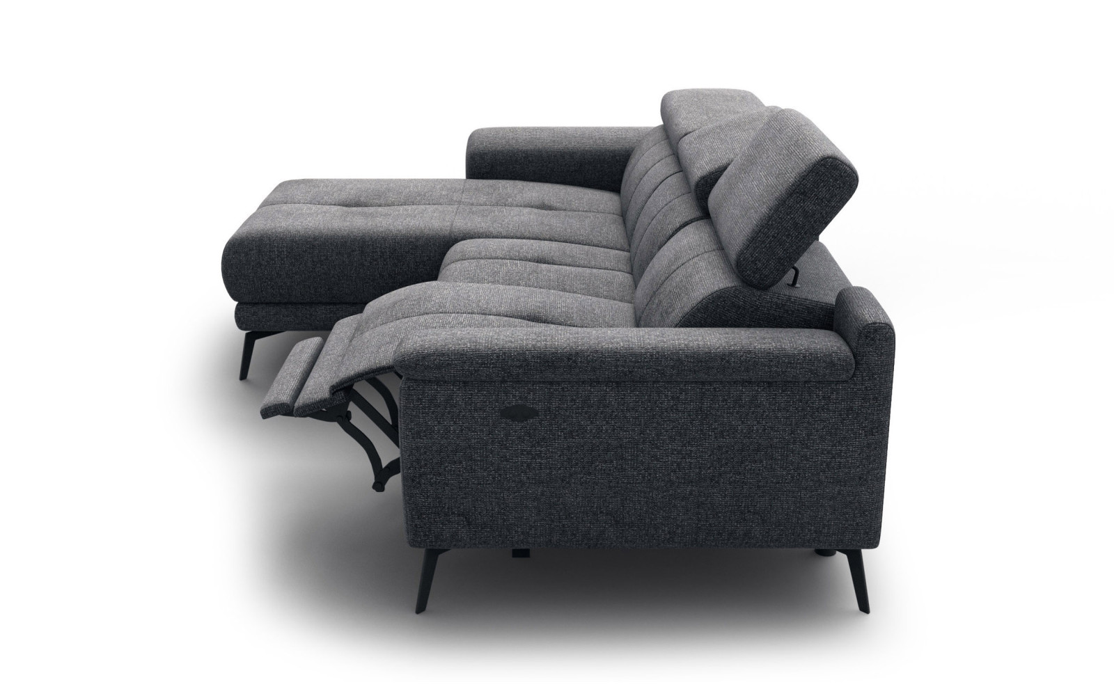 FIERO Ecksofa 3-Sitzer mit 1 Relaxfunktion und verstellbare Kopfstützen, dunkelgrau