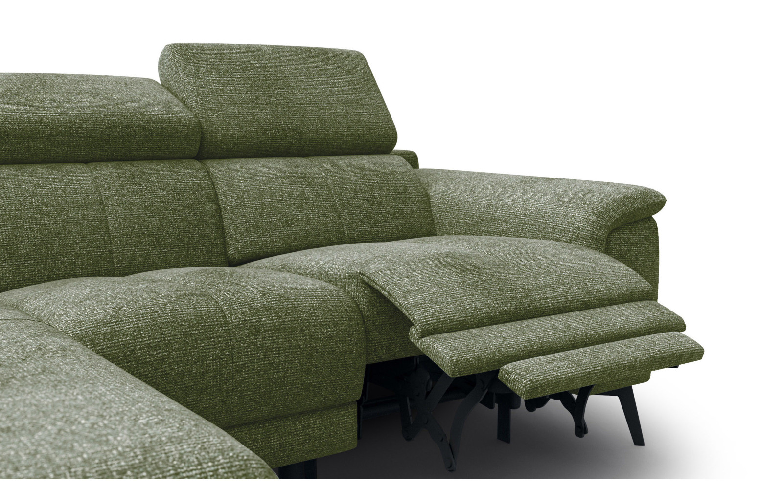 FIERO Ecksofa 3-Sitzer mit 1 Relaxfunktion und verstellbare Kopfstützen, olive