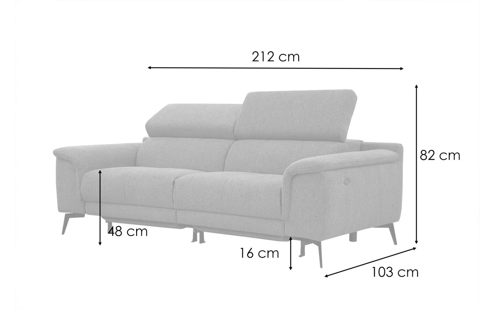 FIERO Sofa 3-Sitzer mit 2 Relaxfunktionen und verstellbare Kopfstützen, dunkelgrau