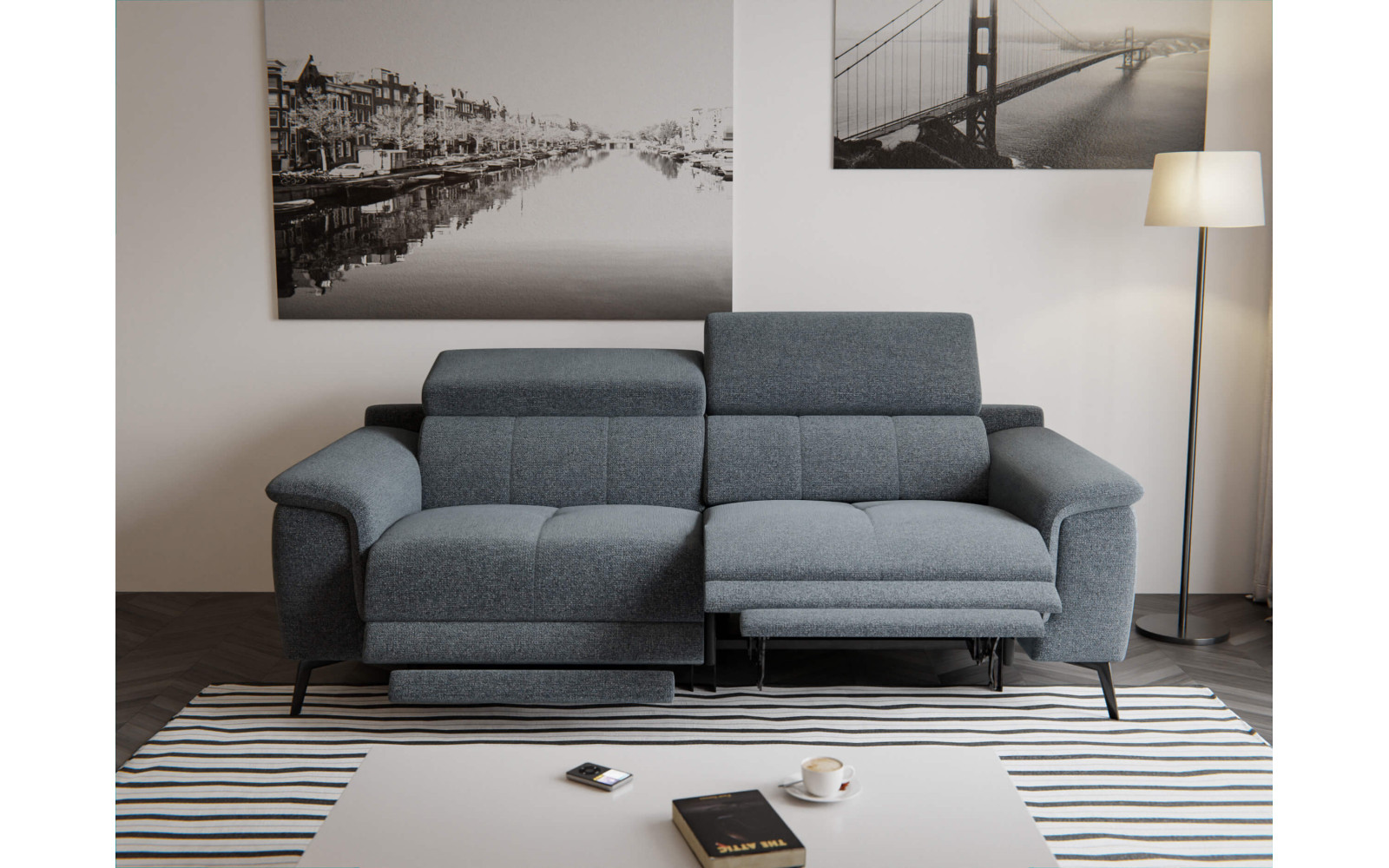 FIERO Sofa 3-Sitzer mit 2 Relaxfunktionen und verstellbare Kopfstützen, dunkelgrau