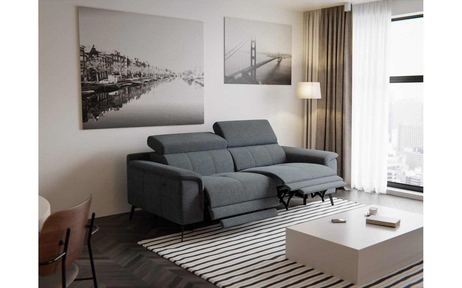 FIERO Sofa 3-Sitzer mit 2 Relaxfunktionen und verstellbare Kopfstützen, dunkelgrau