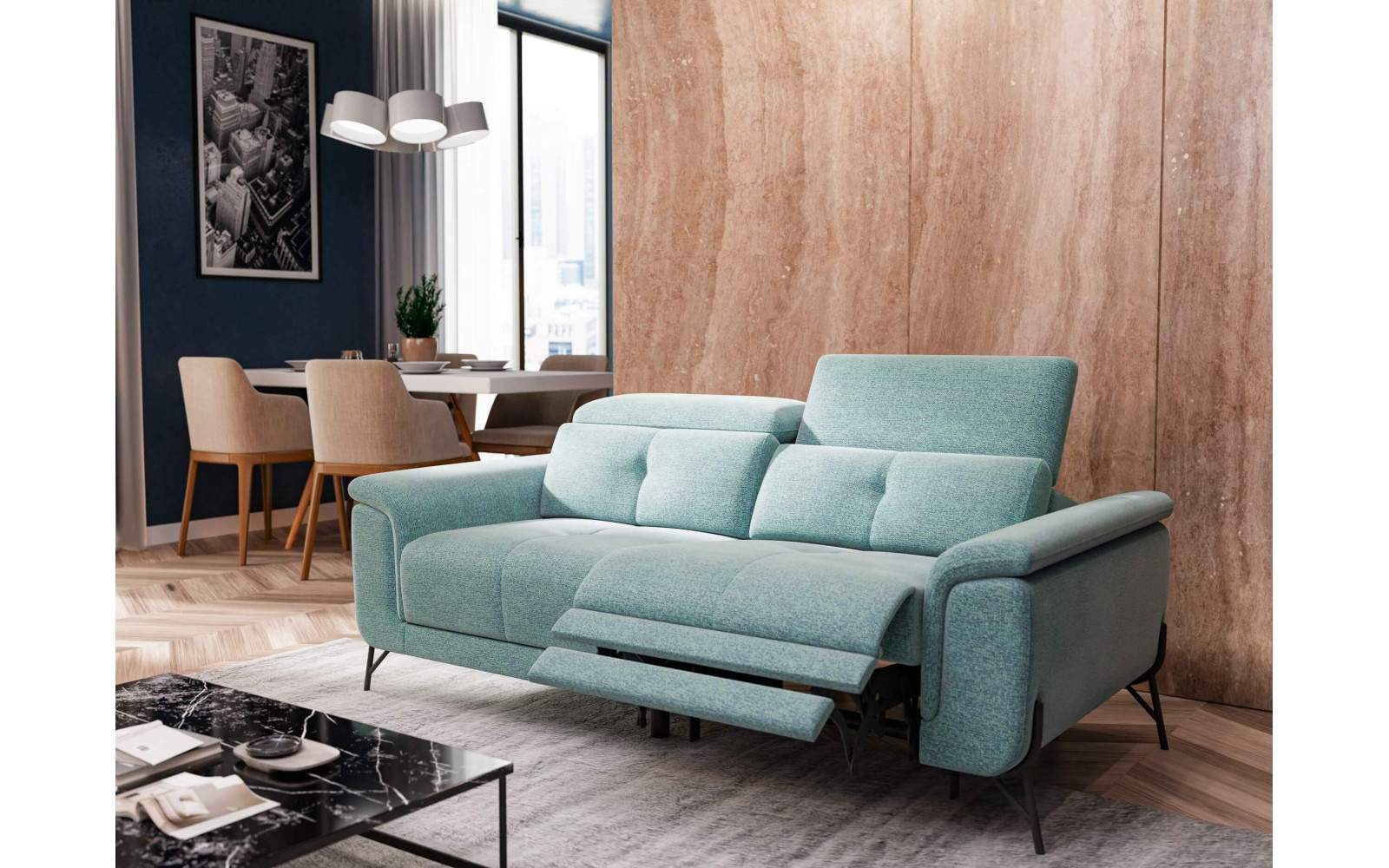 AVENA Sofa 3-Sitzer mit 1 Relaxfunktion und verstellbare Kopfstützen, mint