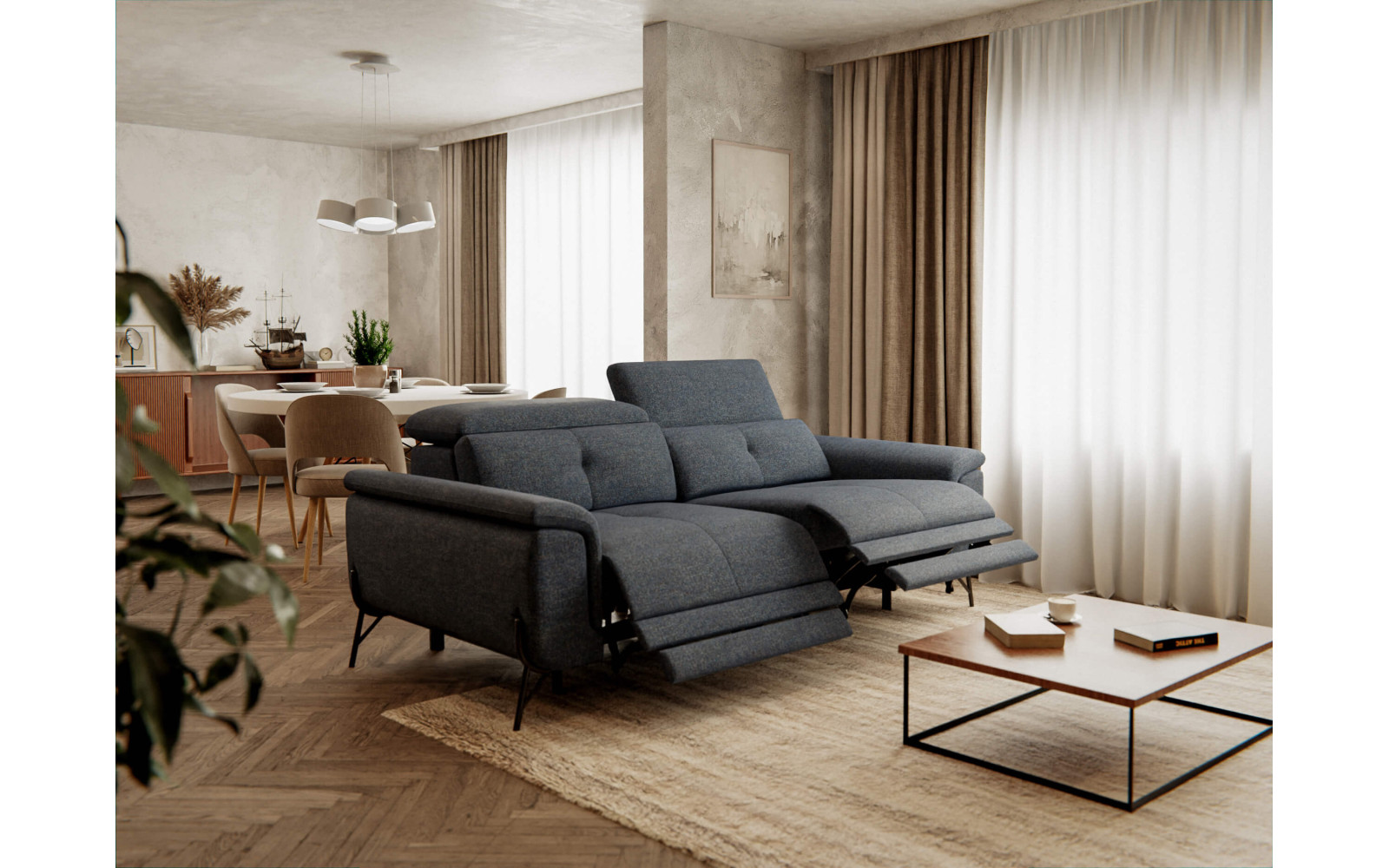 AVENA Sofa 3-Sitzer mit 2 Relaxfunktionen und verstellbare Kopfstützen, marineblau