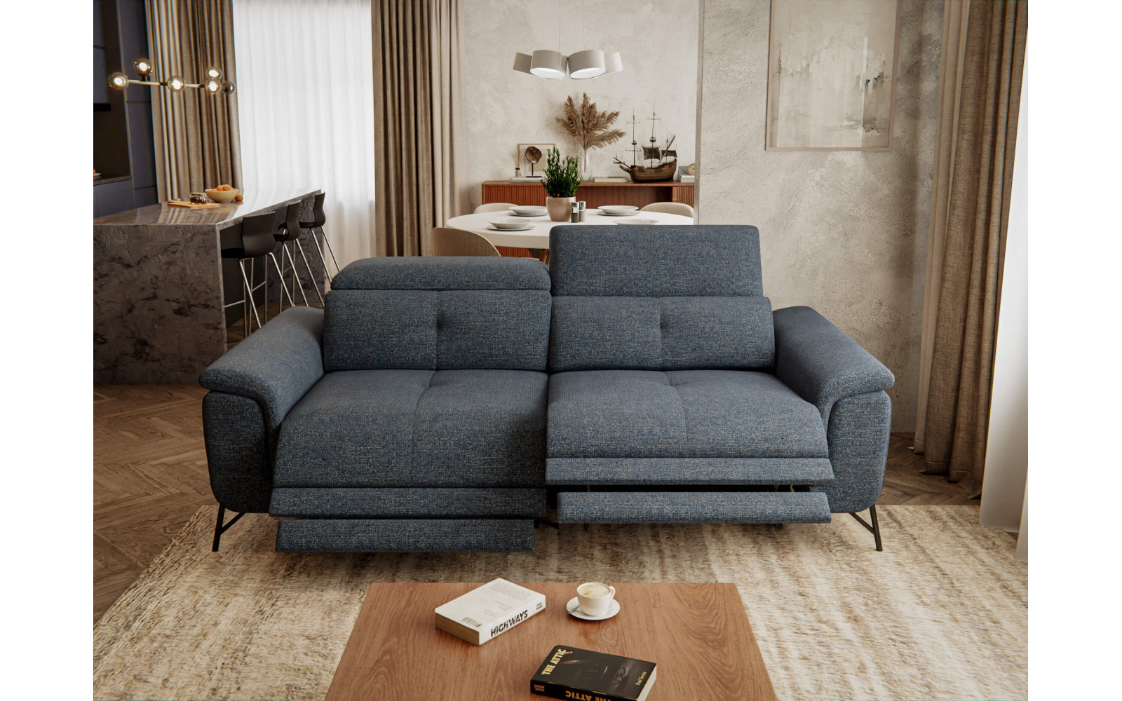 AVENA Sofa 3-Sitzer mit 2 Relaxfunktionen und verstellbare Kopfstützen, marineblau