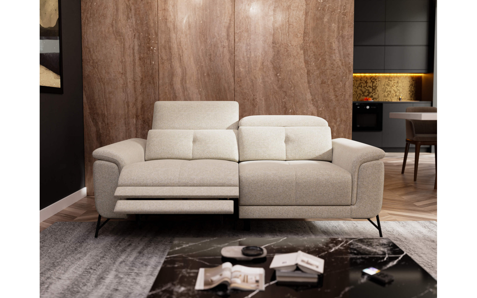 AVENA Sofa 3-Sitzer mit 1 Relaxfunktion und verstellbare Kopfstützen, creme
