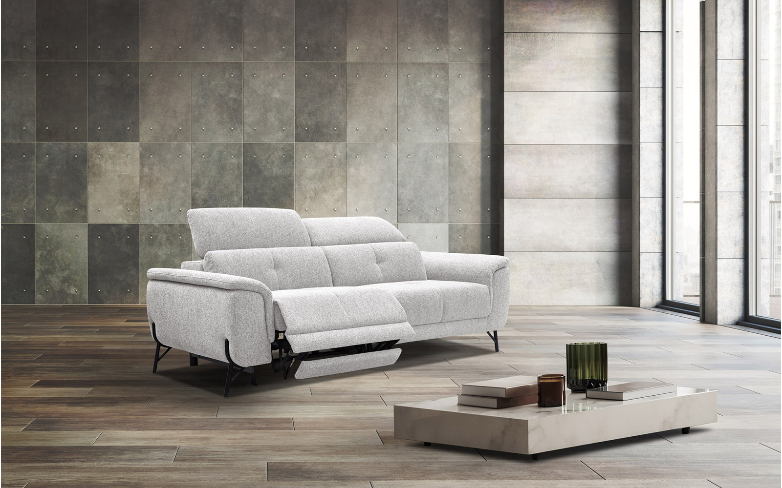 AVENA Sofa 3-Sitzer mit 1 Relaxfunktion und verstellbare Kopfstützen, creme