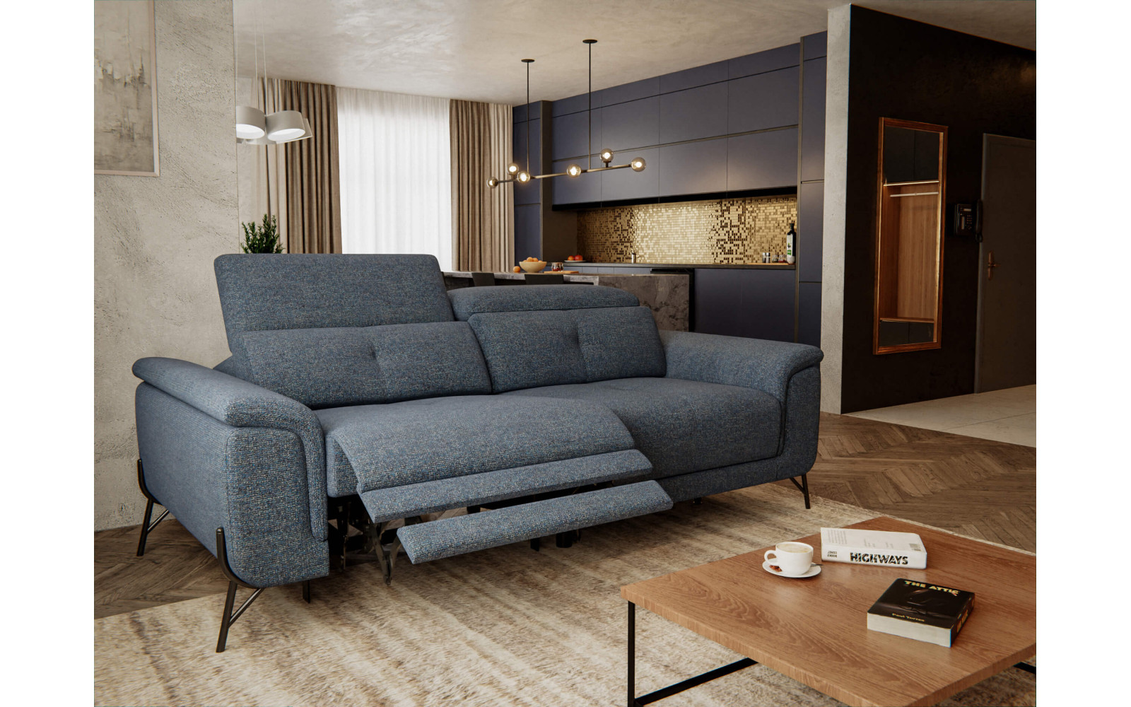 AVENA Sofa 3-Sitzer mit 1 Relaxfunktion und verstellbare Kopfstützen, marineblau