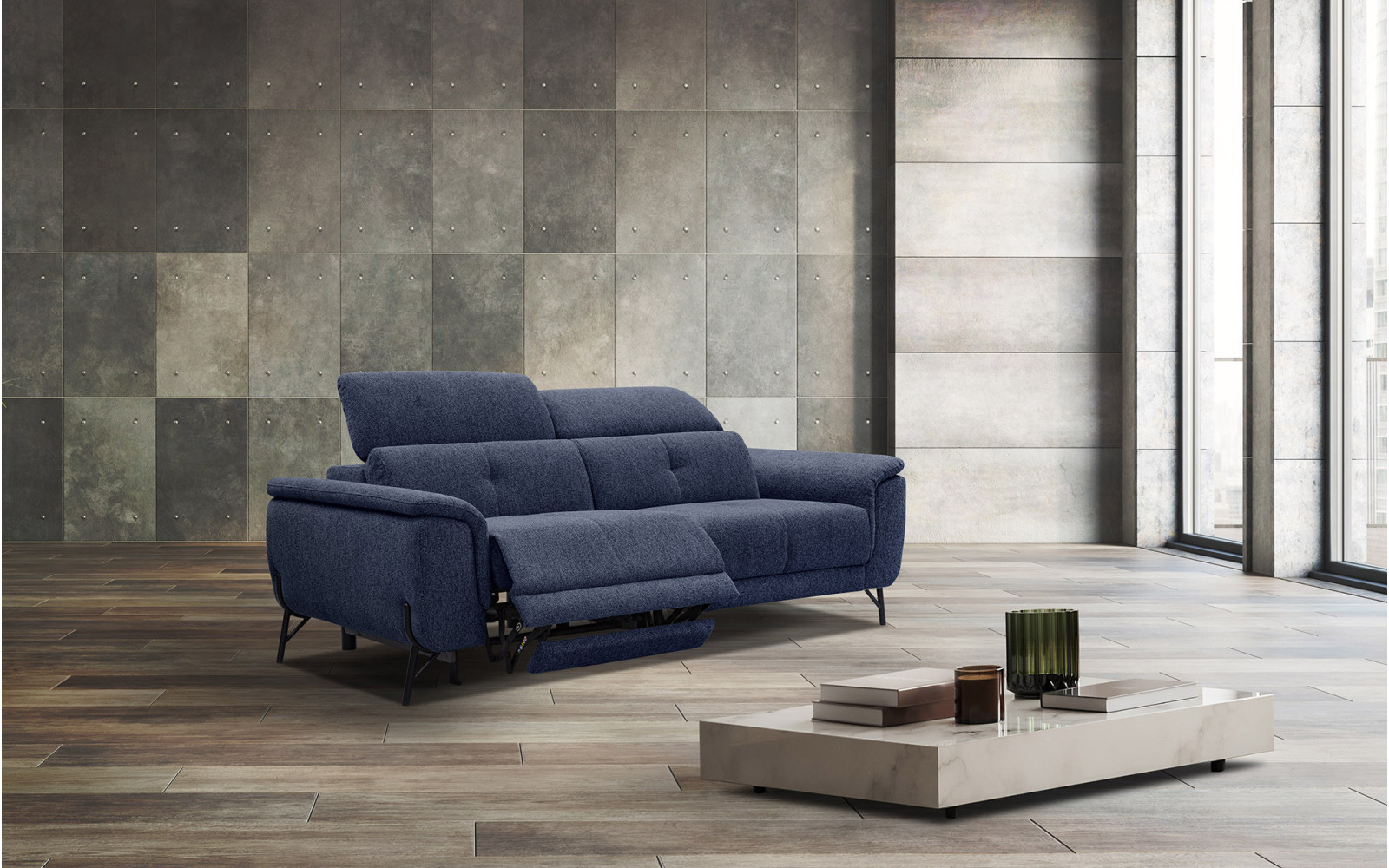 AVENA Sofa 3-Sitzer mit 1 Relaxfunktion und verstellbare Kopfstützen, marineblau