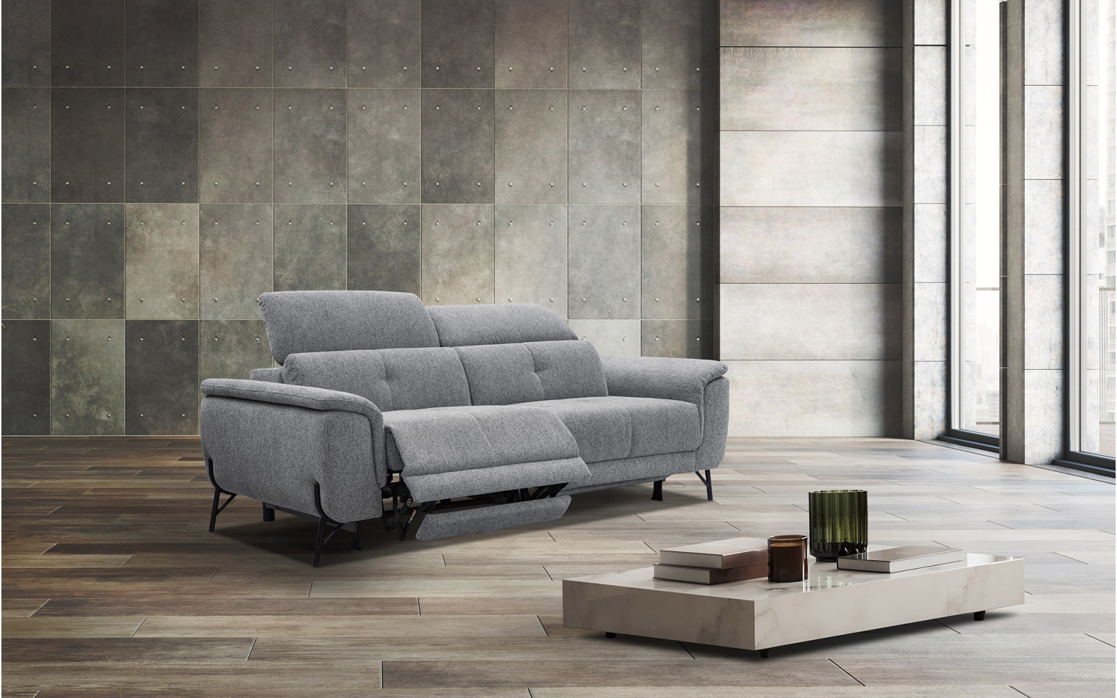 AVENA Sofa 3-Sitzer mit 2 Relaxfunktionen und verstellbare Kopfstützen, grau