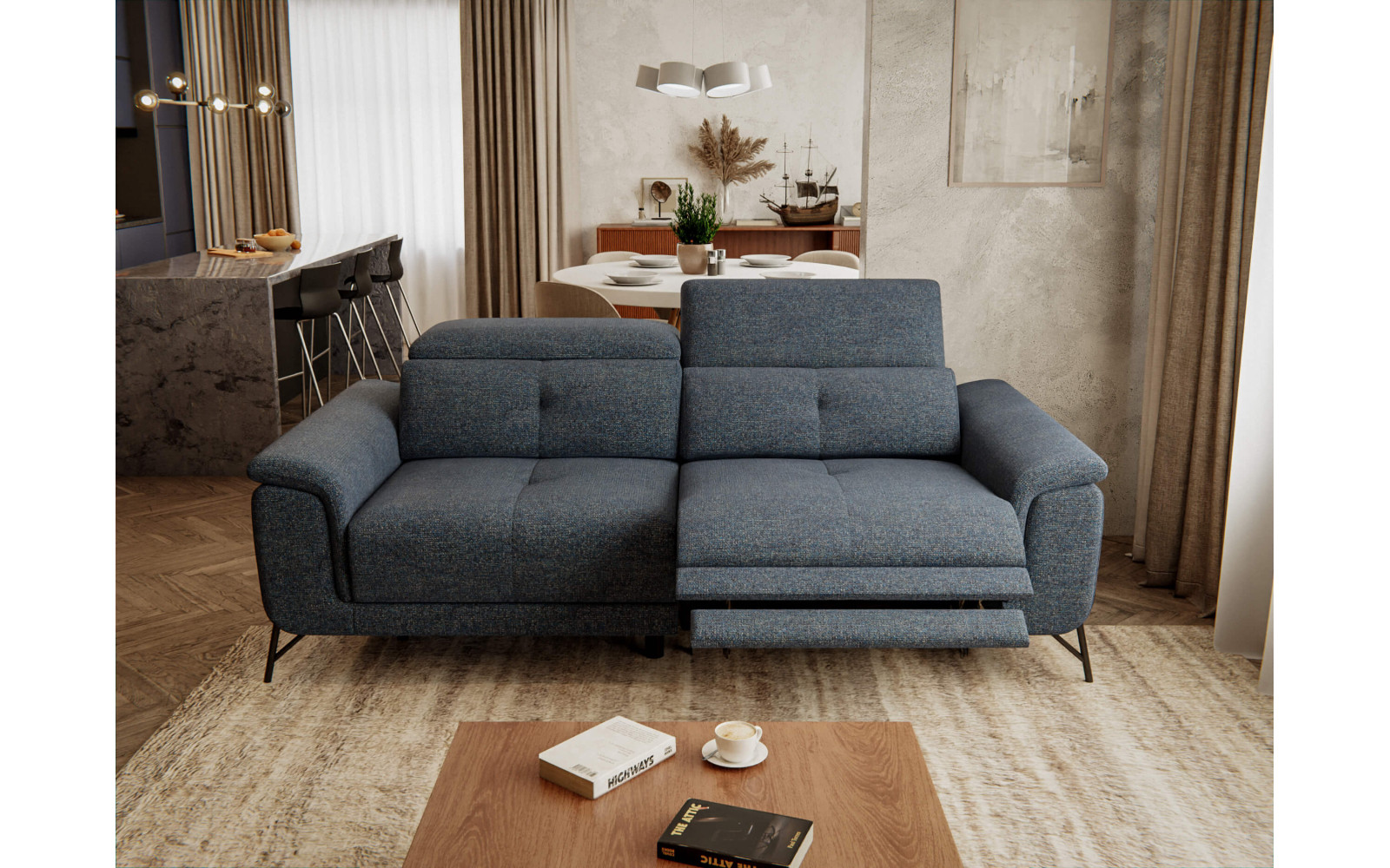 AVENA Sofa 3-Sitzer mit 1 Relaxfunktion und verstellbare Kopfstützen, marineblau