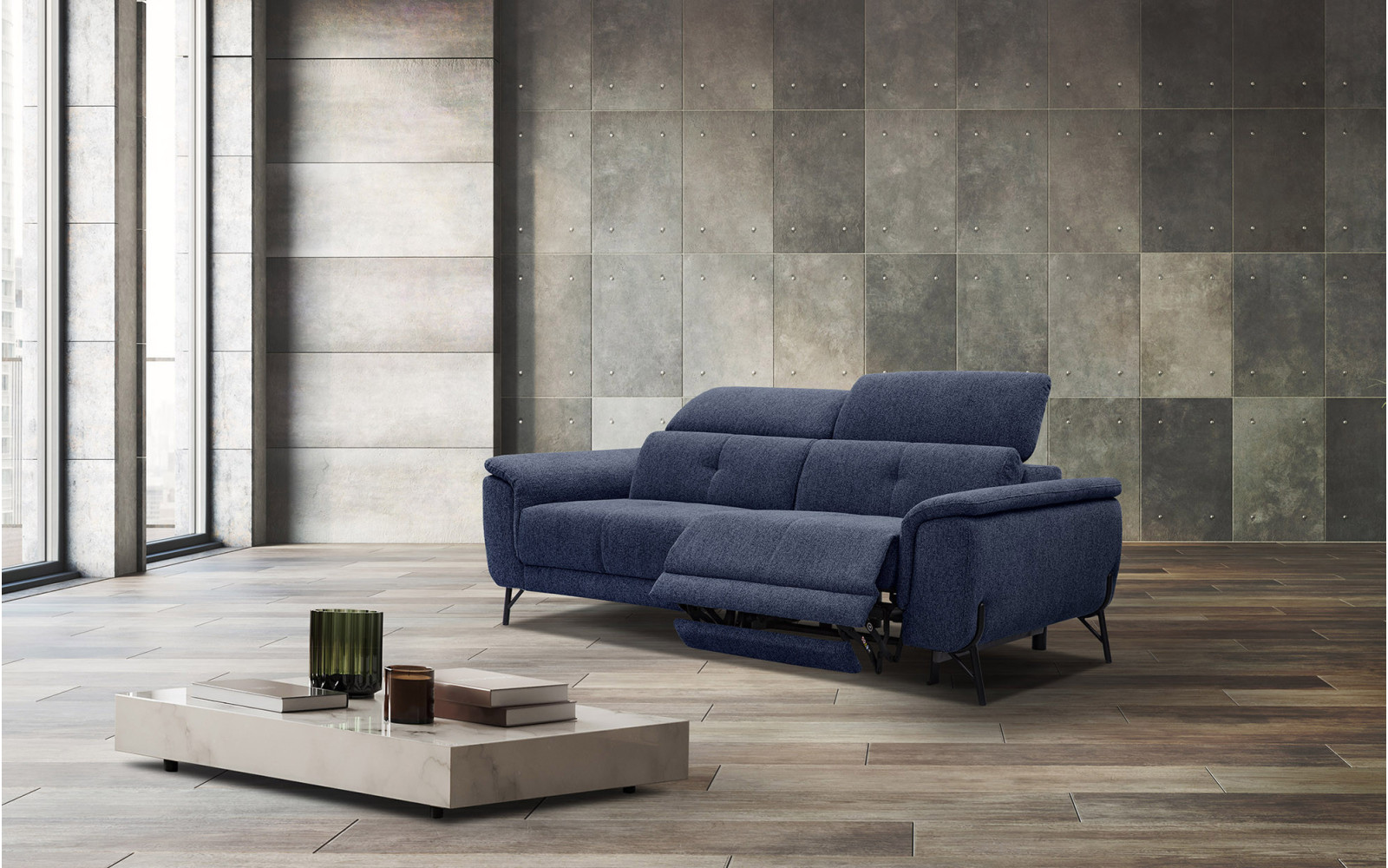 AVENA Sofa 3-Sitzer mit 1 Relaxfunktion und verstellbare Kopfstützen, marineblau