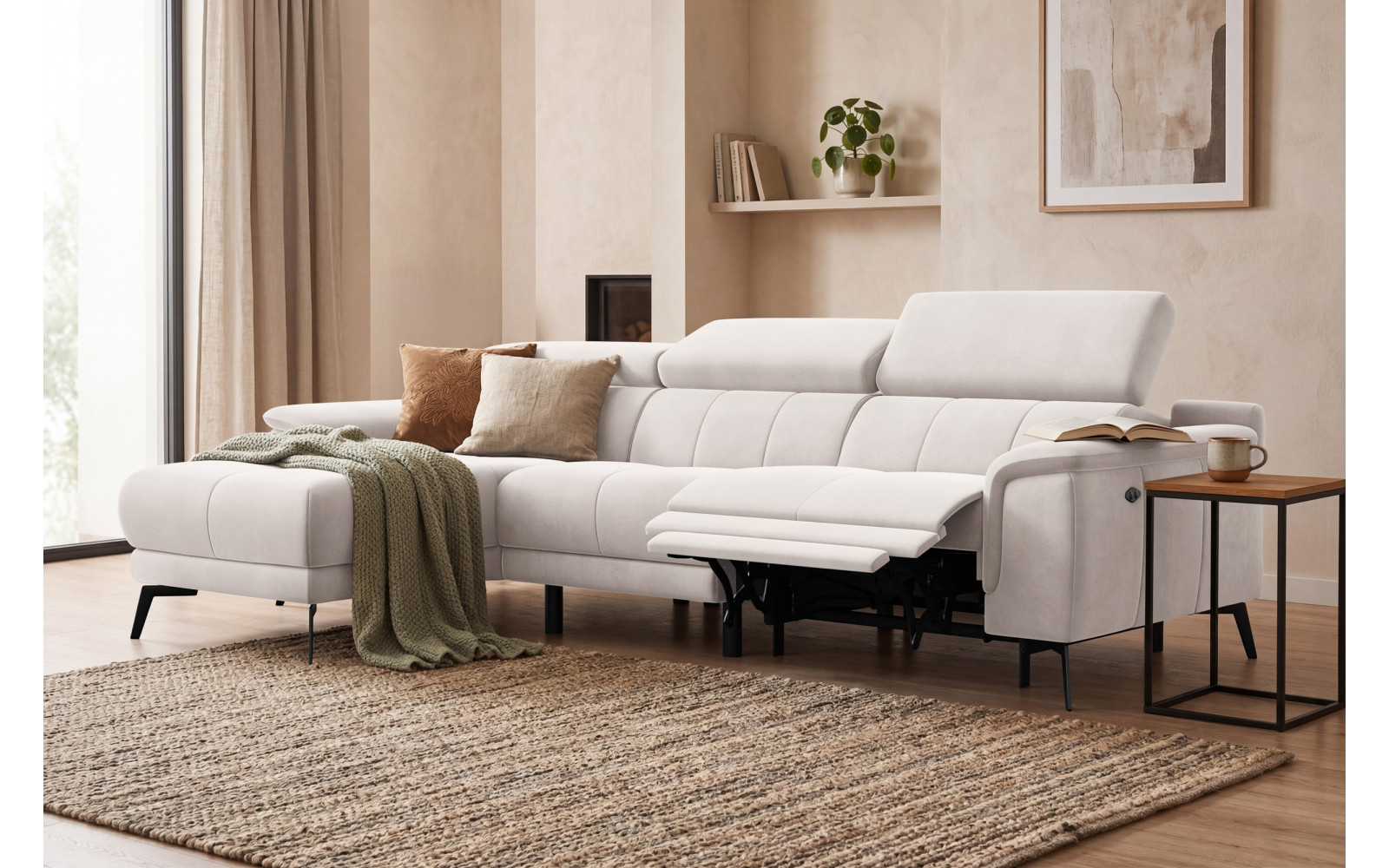 Ecksofa Relax 4-Sitzer links FIERO, Beiger Veloursstoff
