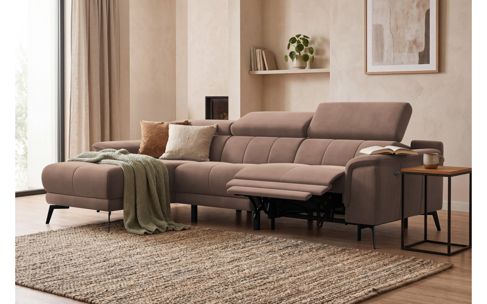 Ecksofa Relax 4-Sitzer links FIERO, Brauner Veloursstoff